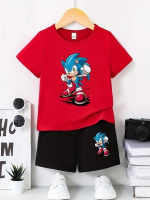 Calp Teks Sonıcs Baskılı Şort/t-Shirt Alt-Üst Yazlık Çocuk Takım