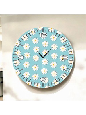 Mavi Renkli Baskı Papatya Çiçek Desenli Sayılı Hediyelik Ahşap Sessiz Duvar Saati 45CM