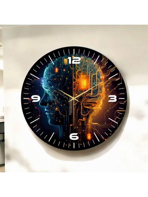 Renkli Baskı Insan Makine Desenli Sayılı Hediyelik Ahşap Sessiz Duvar Saati 45CM