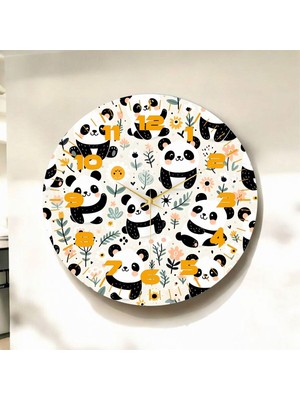 Renkli Baskı Panda Çocuk Desenli Sayılı Hediyelik Ahşap Sessiz Duvar Saati 45CM