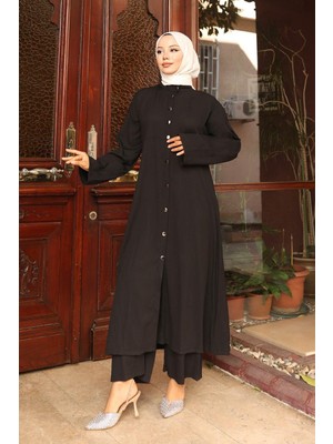 Yaka Detaylı Uzun Takım Siyah