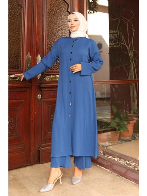 Yaka Detaylı Uzun Takım Indigo