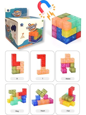 Renkli Şeffaf 7 Parçalı Mıknatıslı 3x3 Manyetik Küp Zeka Sabır Rübik Küpü