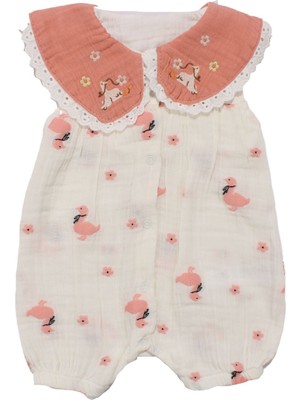 Kız Bebek Ekru Somon Müslin Ördekli Çicekli Desenli Yakalı Tulum