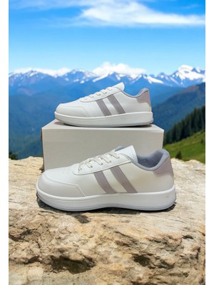 Beyaz-Gri Iki Bantlı Unisex Günlük Hafif Taban Sneaker Spor Ayakkabı