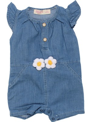 Kız Bebek Mavi Papatyalı Düğmeli Kolları Fırfırlı Kot Tulum