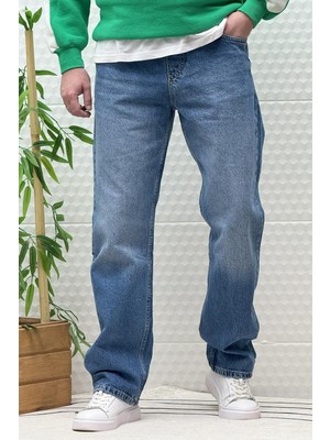 Wafrazon Erkek Beli Lastikli Rahat Kullanım Baggy Kot Pantolon Denim Kumaş Düz Desenli Koyu Mavi