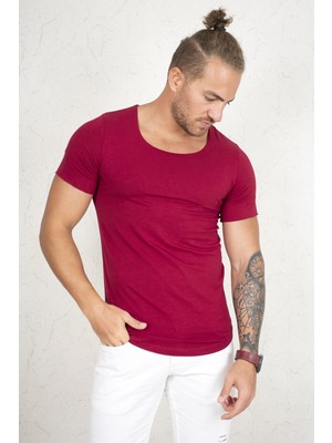 DeepSEA Bordo Geniş Yaka Likralı Tişört Oval Yaka Slim Fit Eteği Oval Açık Yaka T-shirt 1801199