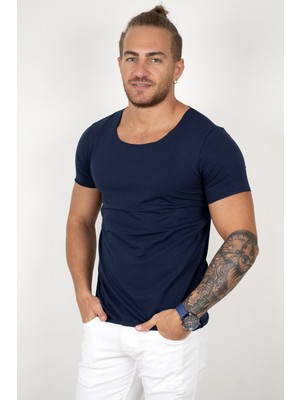 DeepSEA Lacivert Geniş Yaka Likralı Tişört Oval Yaka Slim Fit Eteği Oval Açık Yaka T-shirt 1801199
