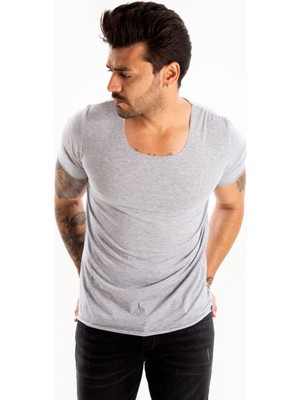 Deepsea Geniş Yaka Likralı Tişört Oval Yaka Slim Fit Eteği Oval Açık Yaka T-Shirt 1801199