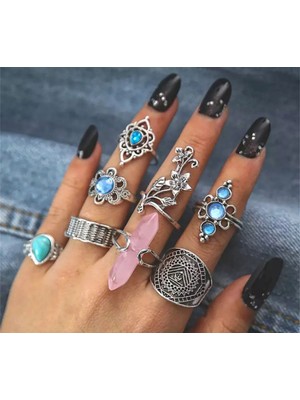 Toz Vintage 8 Adet Mavi ve Pembe Taşlı Yüzük Seti
