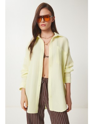 Happiness İstanbul Kadın Oversize Basic Müslin Gömlek Açık Sarı Dokuma Kumaşla Günlük Kullanıma Uygun LMX0002