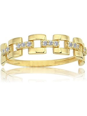 Fasek Gold Gümüş Yüzük - Taşlı Kare Zincir 925 Ayar Gümüş Yüzük-Taşlı Minimal Gümüş Alyans-Hediye Gümüş Yüzük