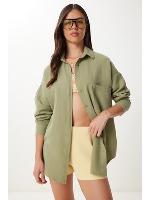 Oversize Basic Müslin Gömlek Çağla Yeşili LMX0002