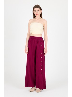 Bordo %100 Pamuk Müslin Yanı Düğmeli Yırtmaçlı Geniş Paça Pantolon 4704A