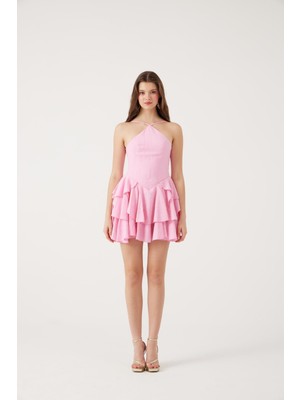 Fırfırlı Halter Yaka Mini Keira Elbise Pembe