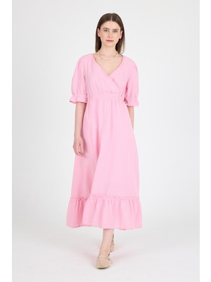 Pembe %100 Pamuk Müslin V Yaka Bel Lastikli Midi Elbise 4780A