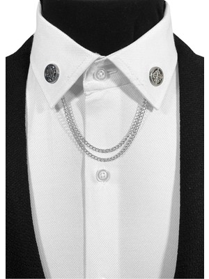 Gümüş Gri Renk Yuvarlak Içinde Vintage Motif Gömlek Yaka Iğnesi Yaka Zinciri