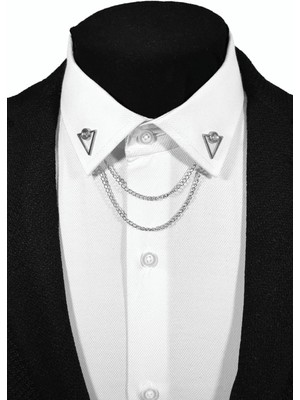 Taşlı Üçgen Figürlü Gümüş Gri Renginde Gömlek Yaka Iğnesi Yaka Zinciri