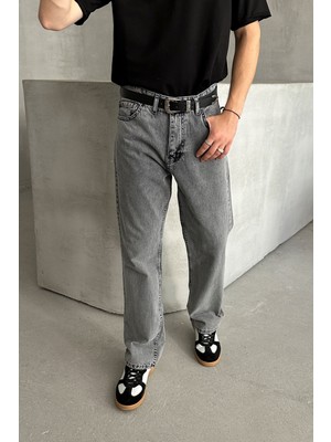 HYMAN Erkek Gri Baggy Jean Pantolon Yüksek Bel Bol Kesim Düz Desen Günlük Stil