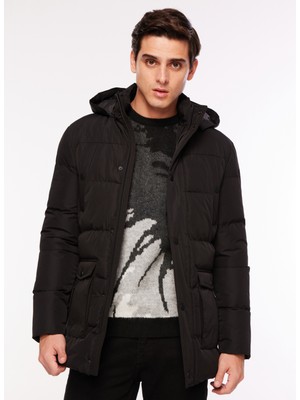 Fabrika Siyah Şişme Erkek Kaban MERO Uzun Kol  Düz Desen ile Şık Tasarım