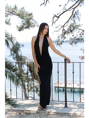 Fahmin Degaje Yaka Siyah Uzun Elbise