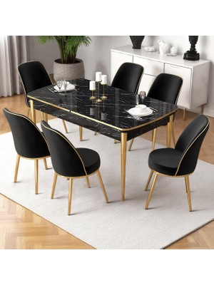 Canisa Nira Serisi 70X114 Mdf Siyah Mermer Desen Mutfak Masa Takımı 6 Siyah Sandalye Gold Detay