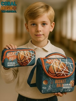 Coral High Nefti Turuncu Basketbol Desenli Iki Bölmeli Kalem Çantası ve Thermo Beslenme Çantası