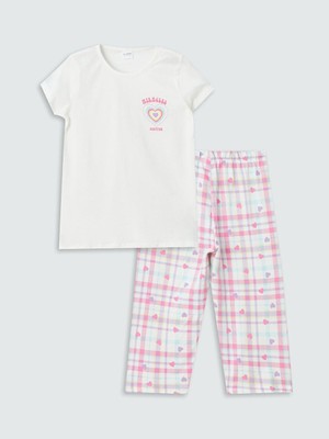 Bisiklet Yaka Baskılı Kısa Kollu Kız Çocuk Pijama Takımı  (S4)