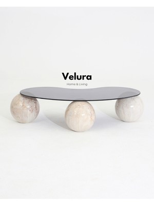 Modern Orta Sehpa & Top Sehpa Cam Sehpa & Küre Orta Sehpa - Pleks Mermer Desen Top - Fasulye - Füme Cam