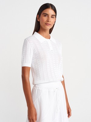 10781 Polo Yaka Düğmeli Ajurlu Triko Bluz-Beyaz