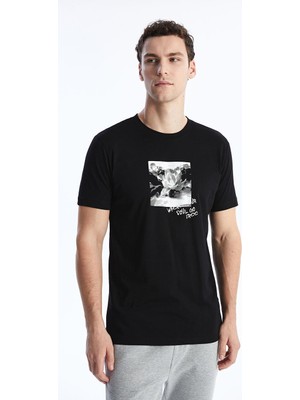 Casual Siyah Bisiklet Yaka Kısa Kollu Baskılı Penye Erkek Tişört
