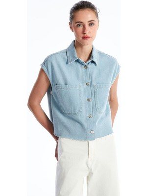 Gömlek Yaka Düz Oversize Kadın Jean Yelek  (S4)