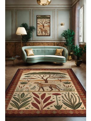 Homshtag Nuh'un Gemisi Koleksiyonu Çita Temalı Çiçekli Çok Renkli Bordürlü Şık Konsept Halı