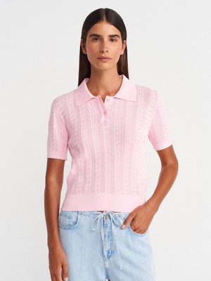 10781 Polo Yaka Düğmeli Ajurlu Triko Bluz-Pembe