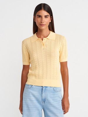 10781 Polo Yaka Düğmeli Ajurlu Triko Bluz-Sarı