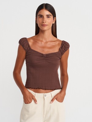 31831 Fiyonk Detaylı Kısa Kollu Top-Açık Kahve