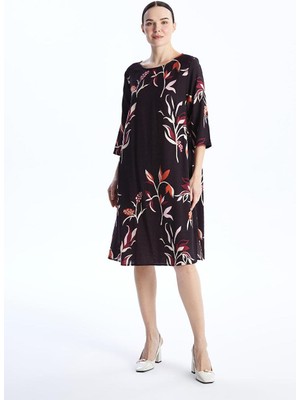 Bisiklet Yaka Çiçekli Keten Görünümlü Kadın Elbise  (S4)