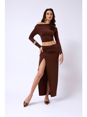 Yırtmaç Detay Maxi Kahverengi Etek