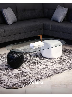 Modern Orta Sehpa & Top Sehpa Cam Sehpa & Küre Orta Sehpa - 1 Dragon (Siyah) Top & 1 Beyaz Zar - Oval - Şeffaf Cam