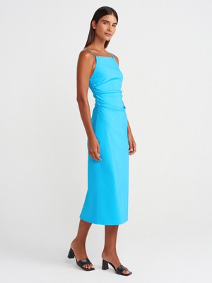 91479 Büzgülü Midi Elbise-Turkuaz