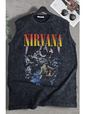 Nirvana Baskılı Yıkamalı Kolsuz Tişört, Unisex Rock Band Temalı Sıfır Kollu Vintage Atlet