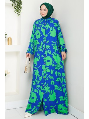 Elmira Düğmeli Dokuma Viskon Elbise 1563 - Indigo