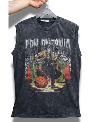San Antonio Yazılı Yıkamalı Kolsuz Tişört, Unisex Basketbol Temalı Sıfır Kollu Vintage Atlet