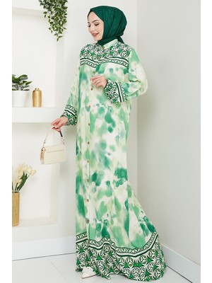 Aymir Düğmeli Dokuma Viskon Elbise 1559 - Yeşil