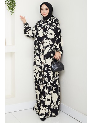 Elmira Düğmeli Dokuma Viskon Elbise 1563 - Siyah