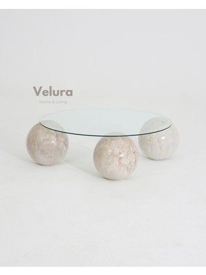 Modern Orta Sehpa & Top Sehpa Cam Sehpa & Küre Orta Sehpa - Pleks Mermer Desen Top - Yuvarlak - Şeffaf Cam