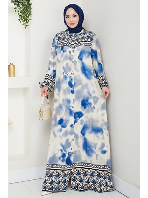 Aymir Düğmeli Dokuma Viskon Elbise 1559 - Mavi