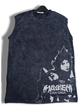Lady Gaga Baskılı Yıkamalı Kolsuz Tişört, Unisex Mayhem Yazılı Sıfır Kol Atlet