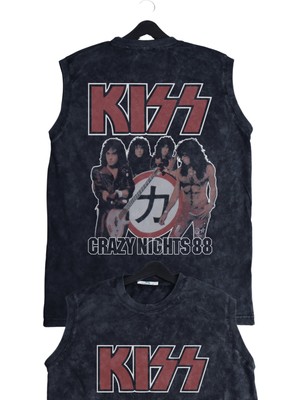 Unisex Kiss Crazy Nights 88 Sırt Baskılı Yıkamalı Bisiklet Yaka Kolsuz Vintage Tişört